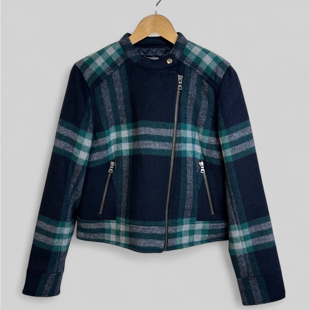 Gap Navy Blue Green Plaid Wool Blend Moto Jacket Quilted Inside Size Large - Picture 2 of 10
